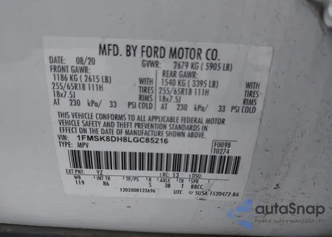 2020 Ford Explorer Xlt z USA, uszkodzony, nr VIN 1FMSK8DH8LGC85216